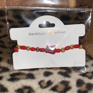 Handmade Red and Gold Tone & Glass Beads Bracelet 7”
